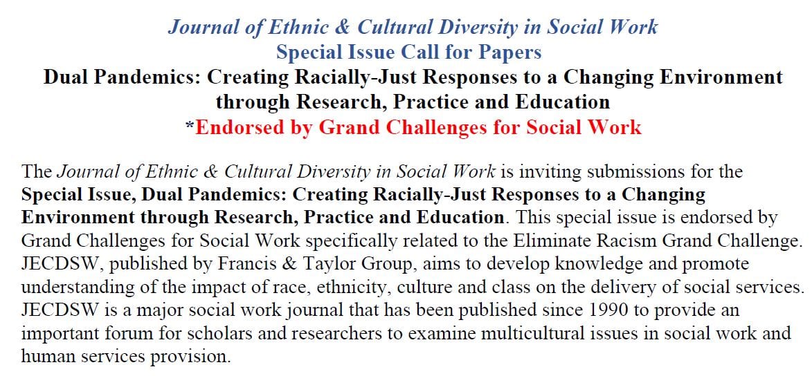 Special Issue Call for Papers Dual Pandemics Creating RaciallyJust